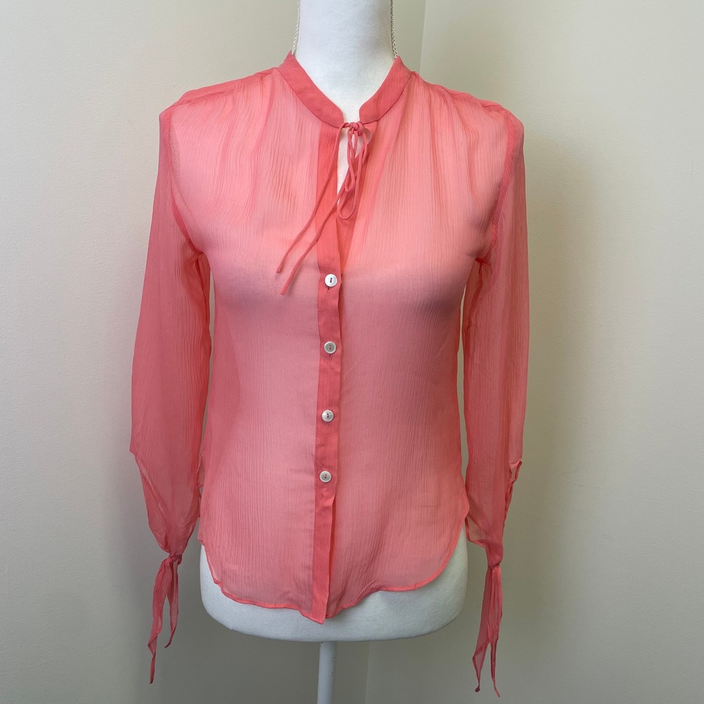 Y2K NWT Banana Republic Silk Tie Neck Blouse XS Coral Pink Sheer Chiffon Flaw